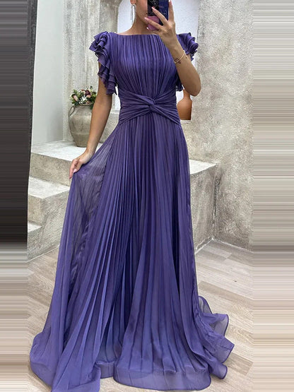 Pleated Maxi Dress with Waist Knot and Ruffle Sleeves