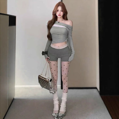 Bodycon Cropped Top with Off-Shoulder & Lace Splicing