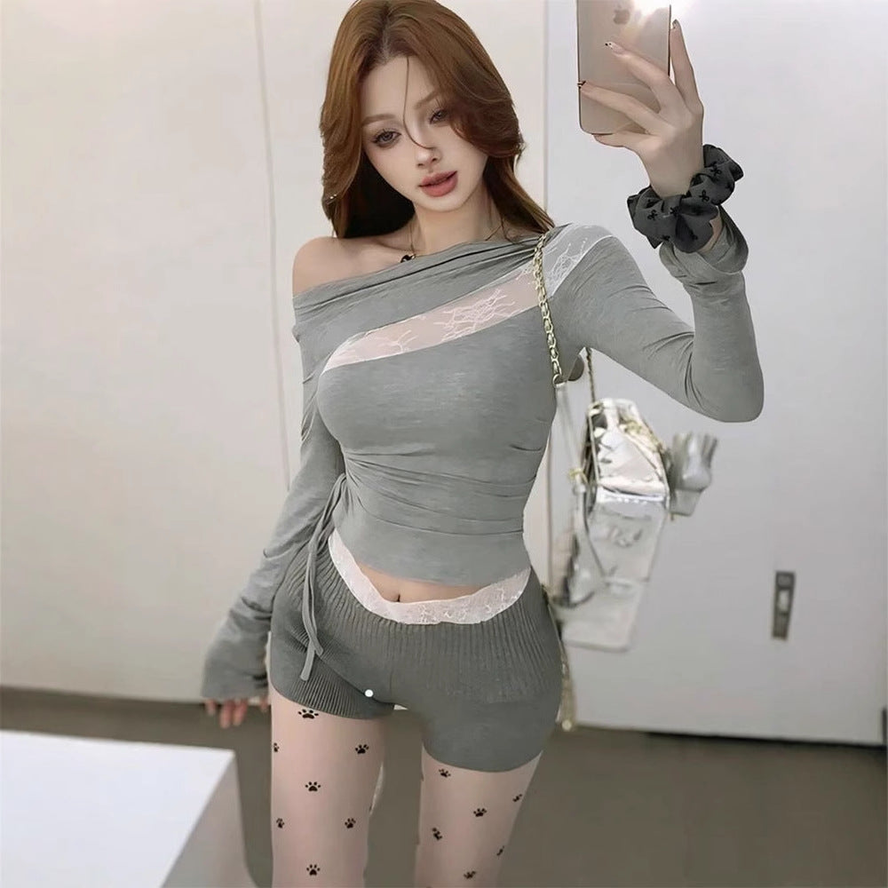 Bodycon Cropped Top with Off-Shoulder & Lace Splicing
