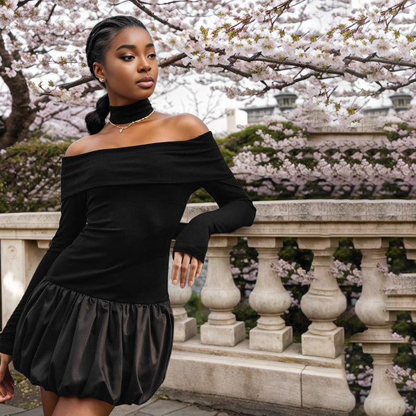 Off-Shoulder Long Sleeve Mini Dress with Puff Skirt