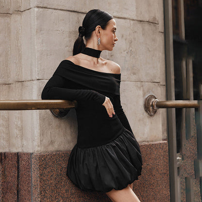 Off-Shoulder Long Sleeve Mini Dress with Puff Skirt