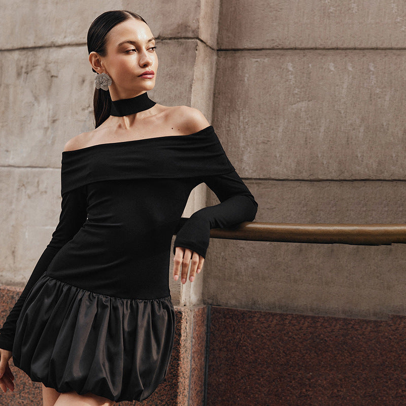 Off-Shoulder Long Sleeve Mini Dress with Puff Skirt