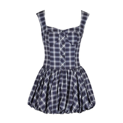Plaid Mini Dress with Square Neck and Puff Skirt