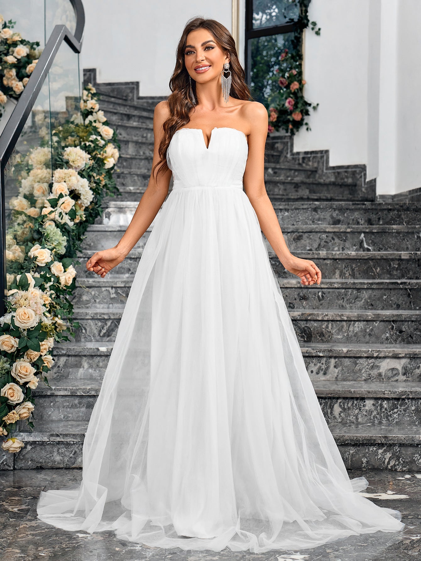 Princess Maxi Dress with Strapless V-Neck and Tulle Skirt