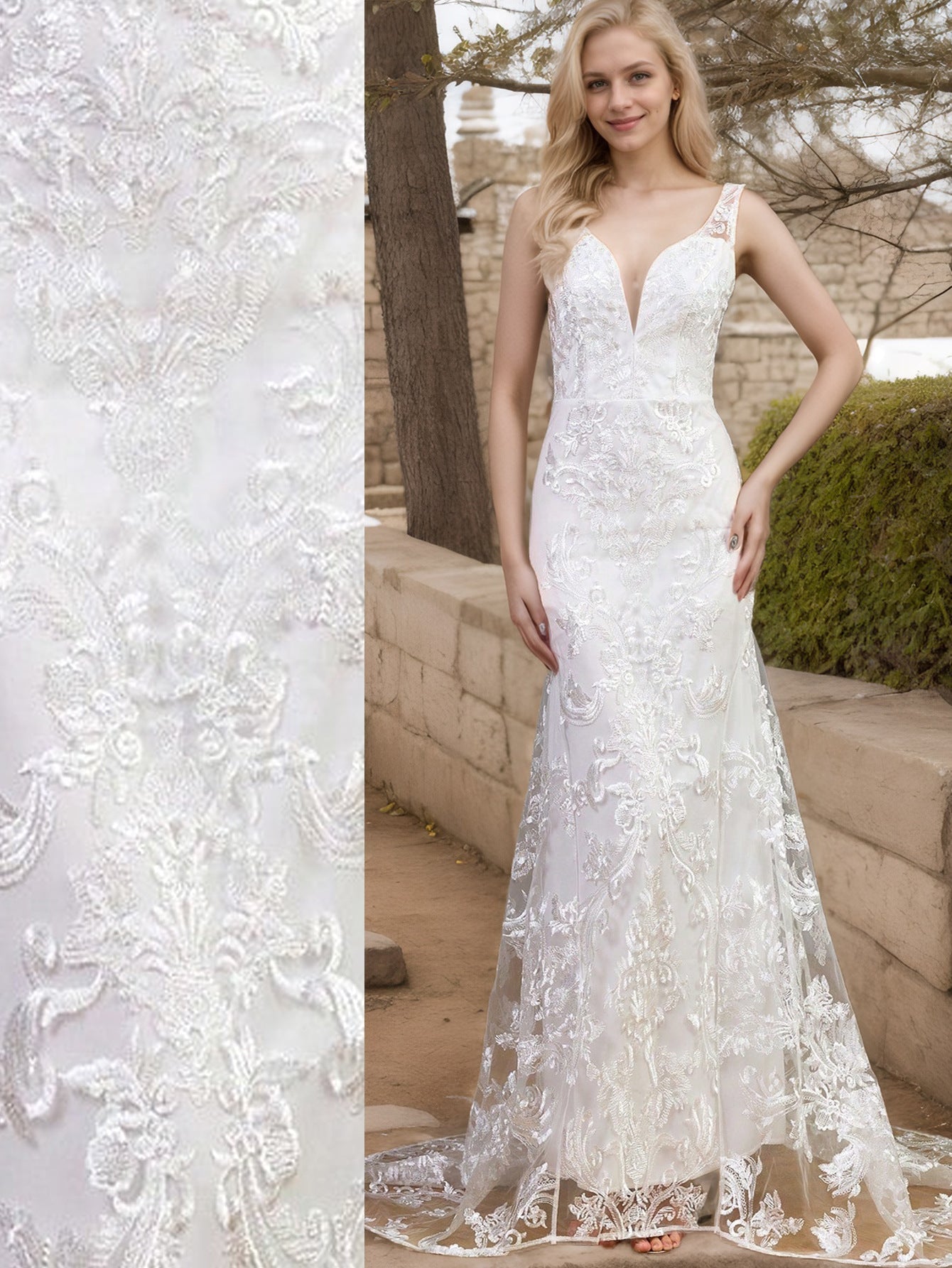 Lace Mermaid Wedding Dress with Deep V-Neck and Low Back