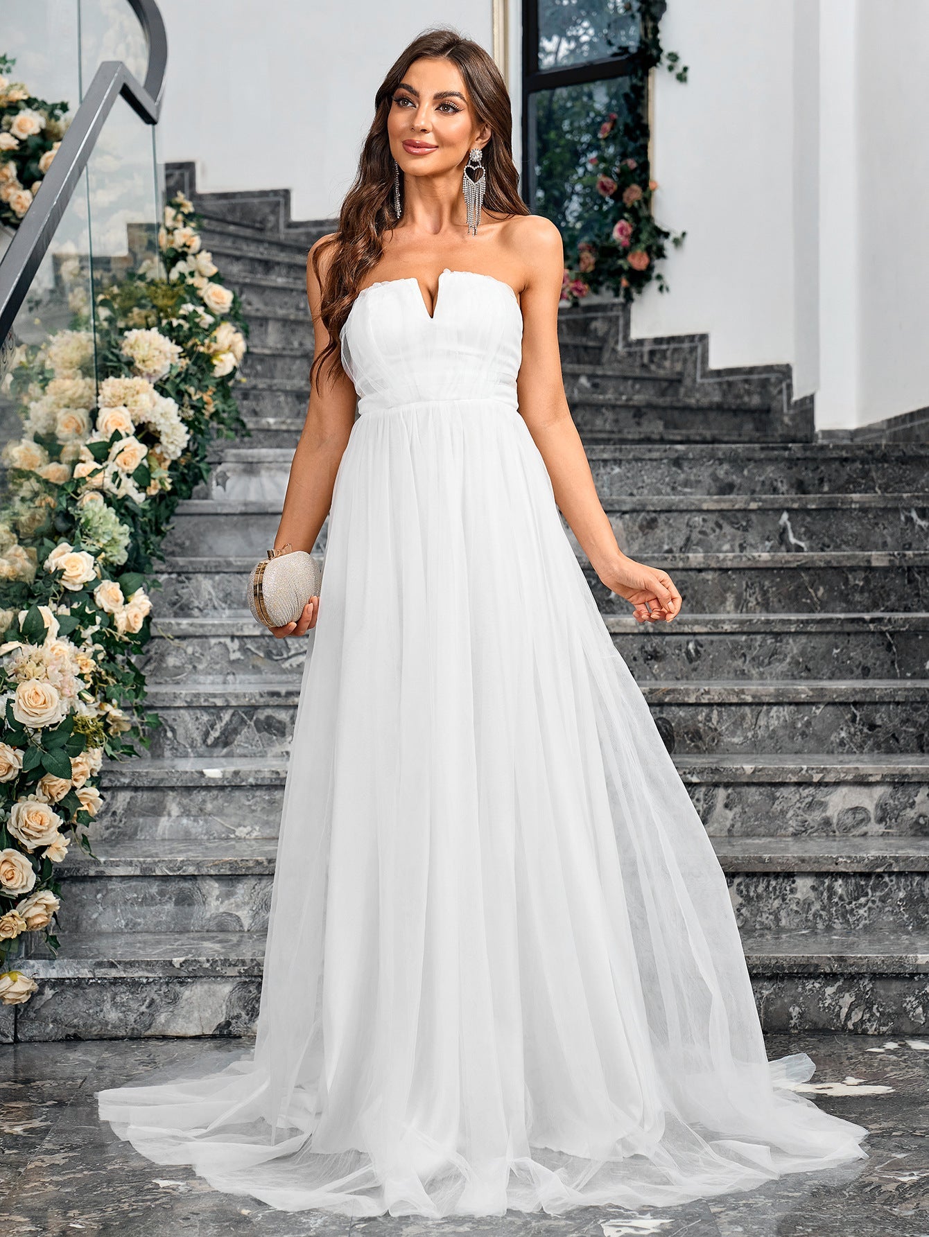 Princess Maxi Dress with Strapless V-Neck and Tulle Skirt