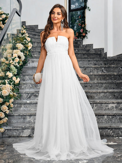 Princess Maxi Dress with Strapless V-Neck and Tulle Skirt