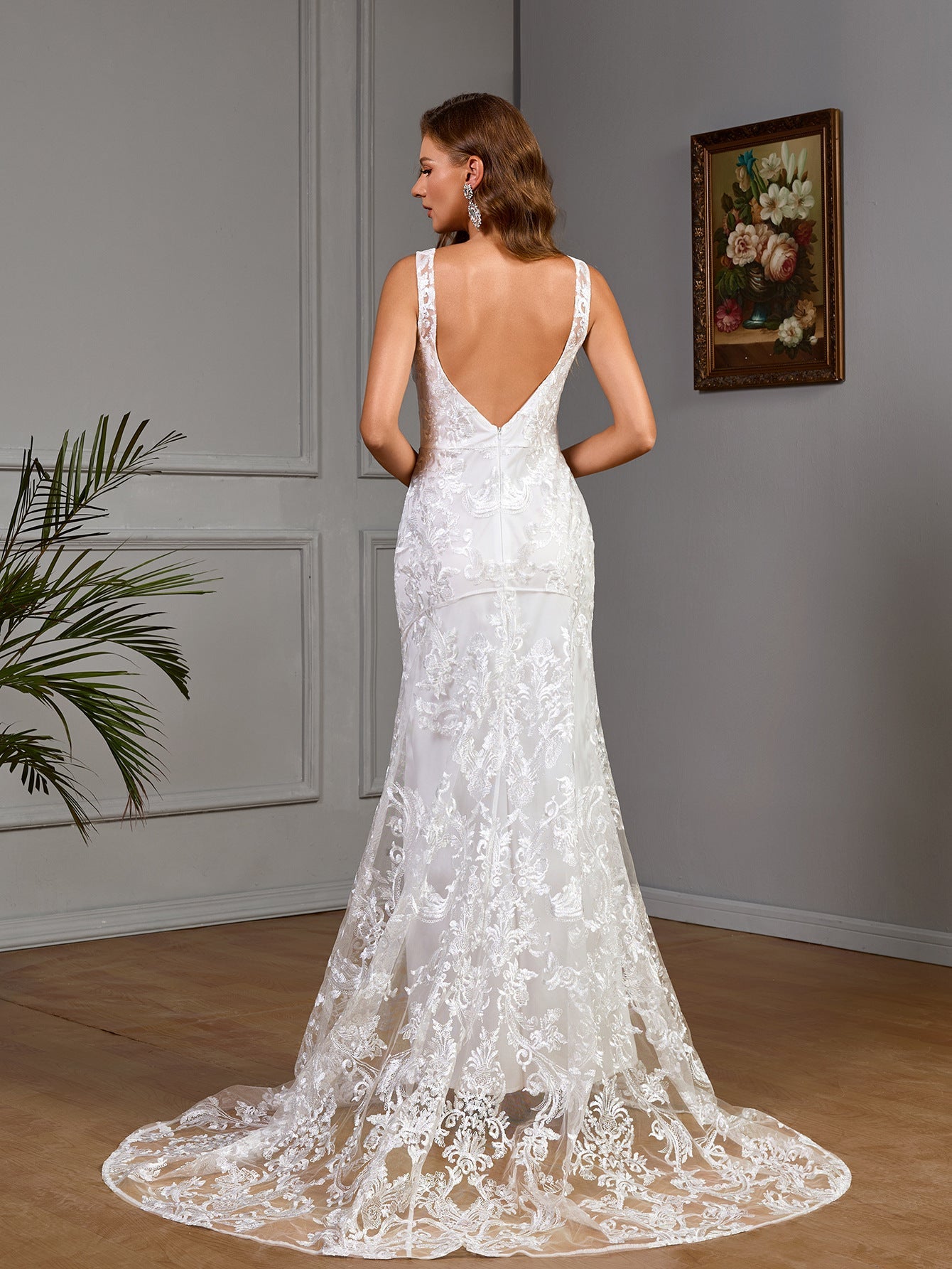 Lace Mermaid Wedding Dress with Deep V-Neck and Low Back