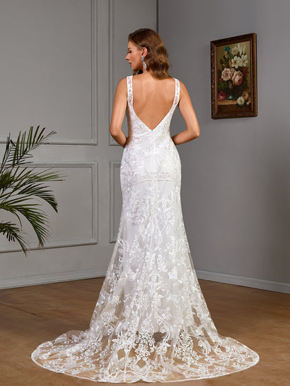 Lace Mermaid Wedding Dress with Deep V-Neck and Low Back