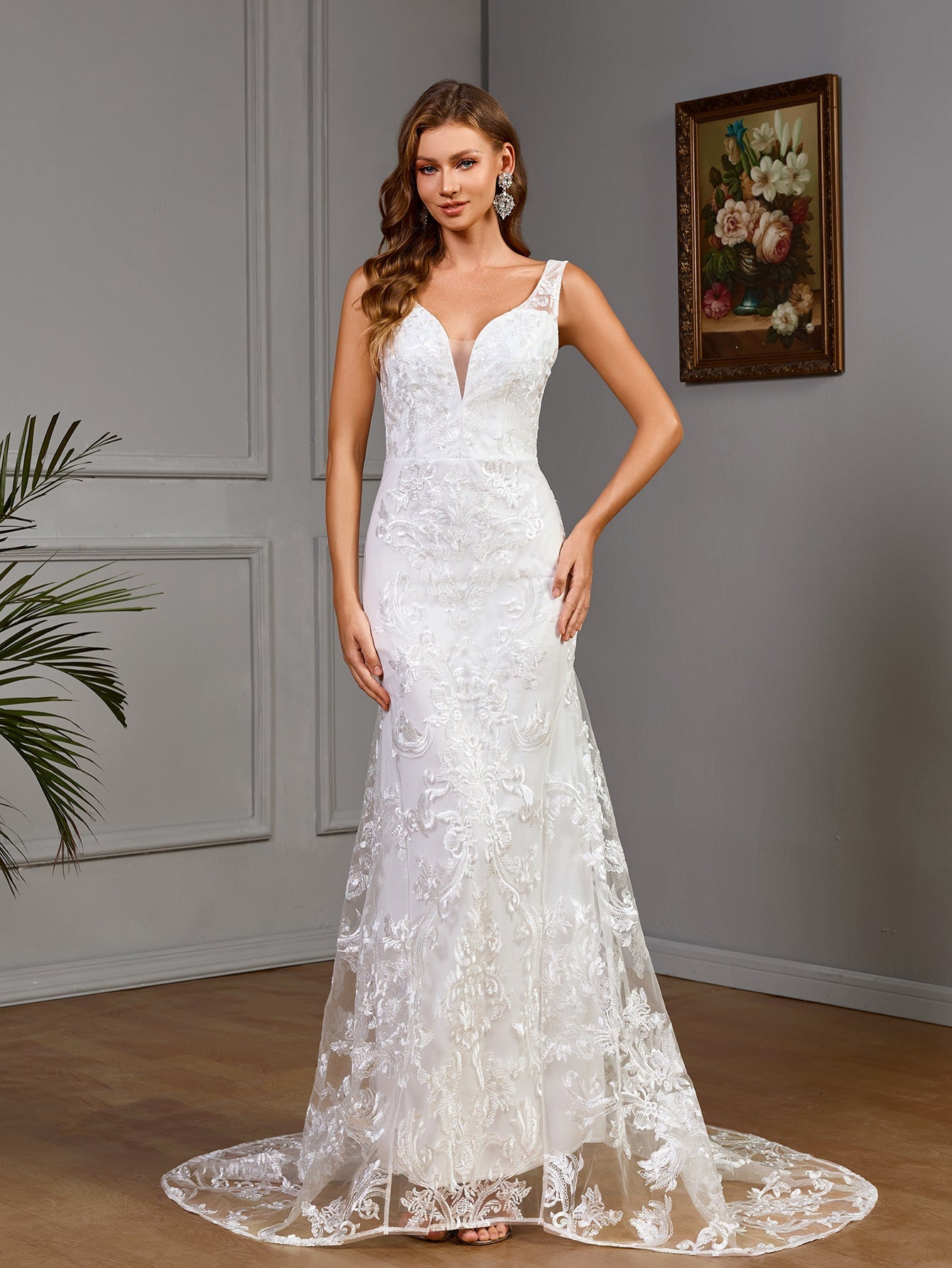 Lace Mermaid Wedding Dress with Deep V-Neck and Low Back