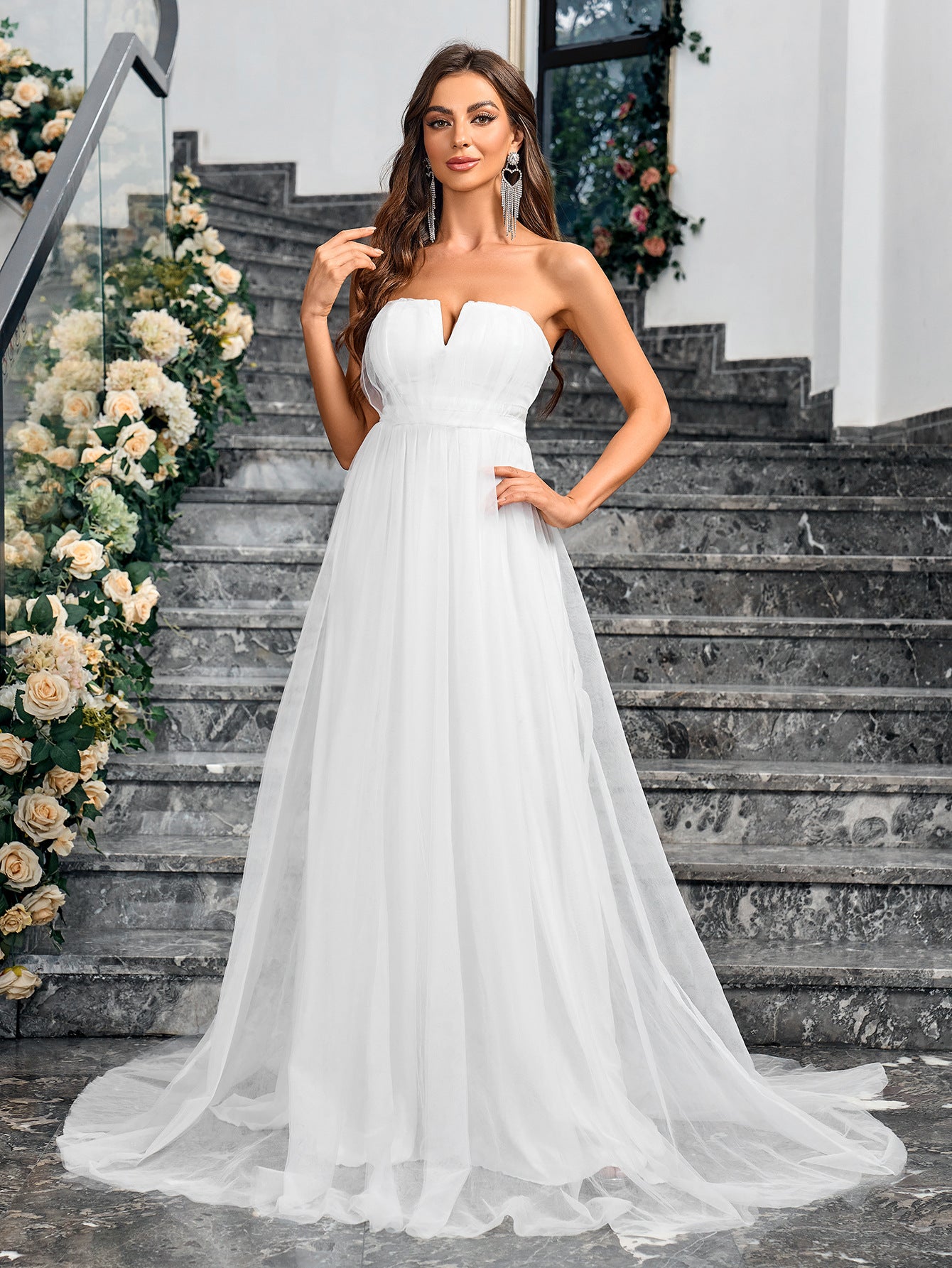 Princess Maxi Dress with Strapless V-Neck and Tulle Skirt