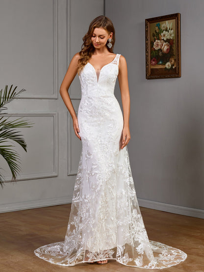 Lace Mermaid Wedding Dress with Deep V-Neck and Low Back