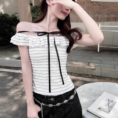 Slim Fit Bardot Top with Wavy Ruffles and Front Bow