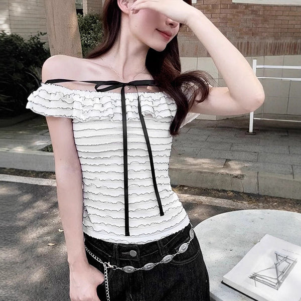 Slim Fit Bardot Top with Wavy Ruffles and Front Bow