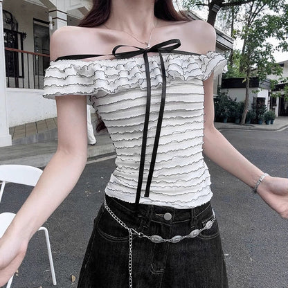 Slim Fit Bardot Top with Wavy Ruffles and Front Bow