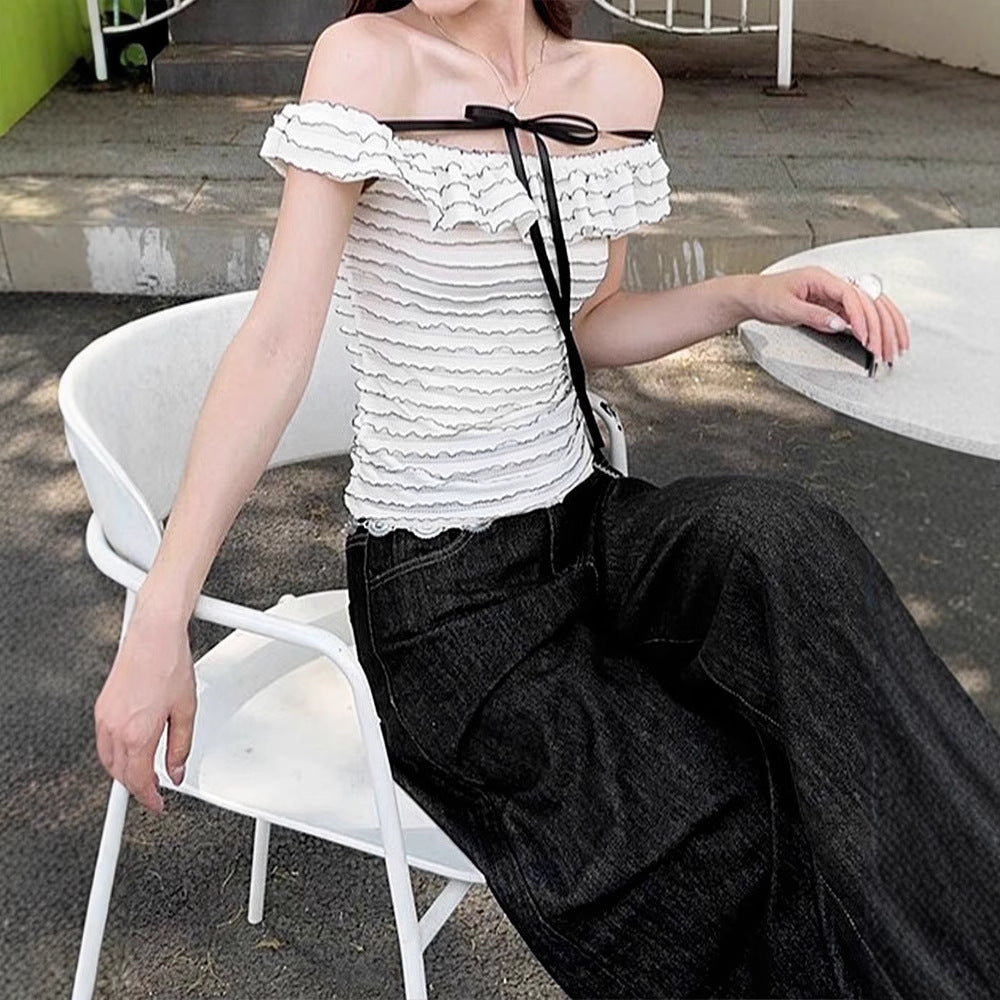 Slim Fit Bardot Top with Wavy Ruffles and Front Bow