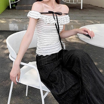 Slim Fit Bardot Top with Wavy Ruffles and Front Bow