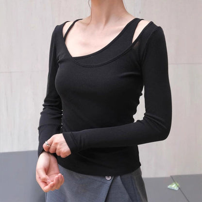 Slim-Fit Long-Sleeve Top with U-Neck and Shoulder Strap Detail