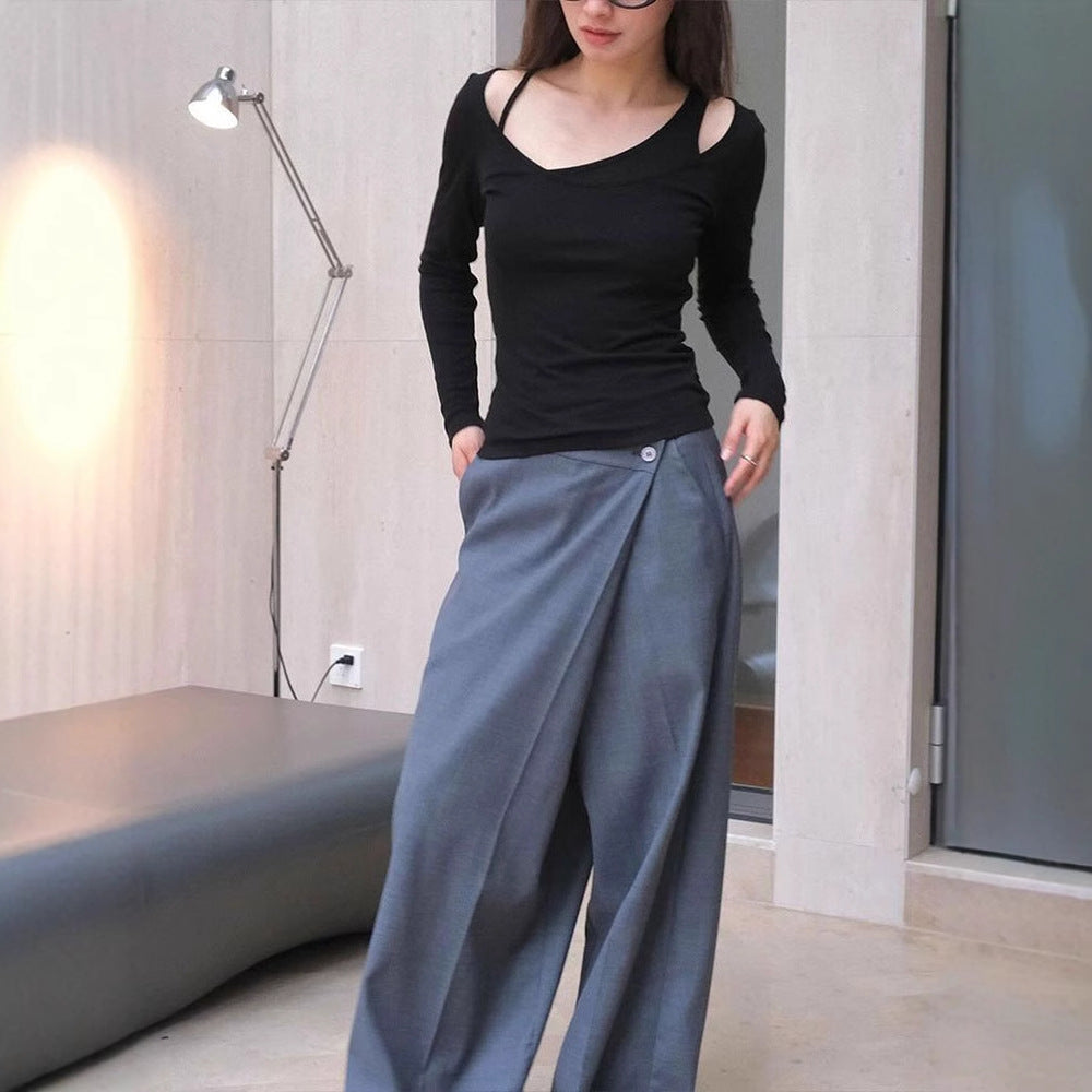 Slim-Fit Long-Sleeve Top with U-Neck and Shoulder Strap Detail
