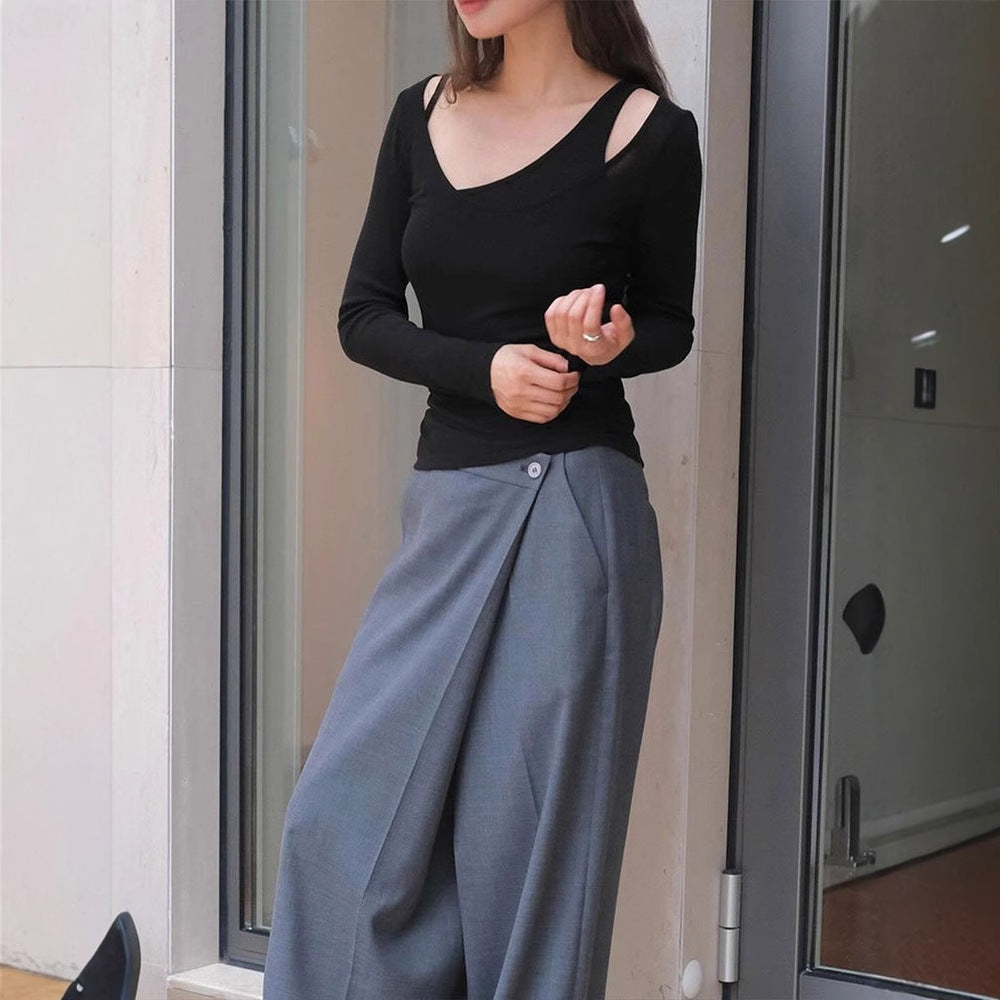 Slim-Fit Long-Sleeve Top with U-Neck and Shoulder Strap Detail