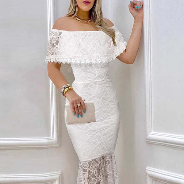 Lace Bodycon Dress with Off-Shoulder and Mermaid Hem
