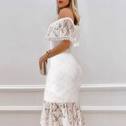 Lace Bodycon Dress with Off-Shoulder and Mermaid Hem