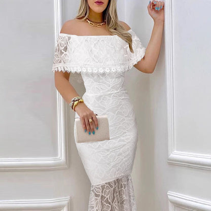 Lace Bodycon Dress with Off-Shoulder and Mermaid Hem