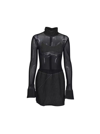 Bodycon Mini Dress with Sheer Mesh Top and Contrast Stitching