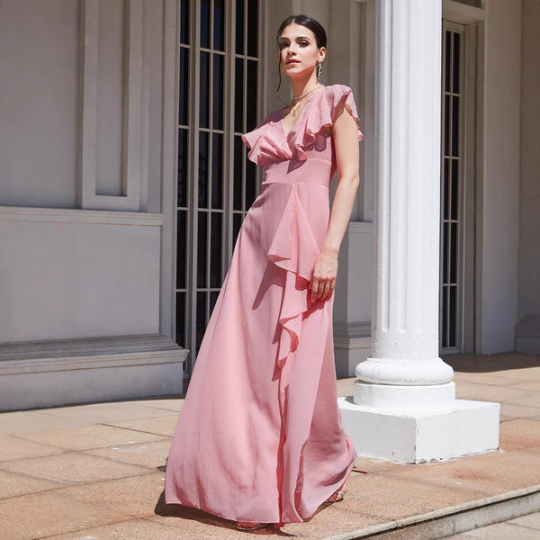 Flowy Maxi Dress with Ruffled V-Neck and Ruffled Short Sleeves