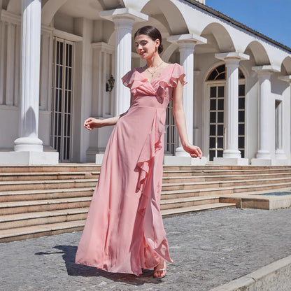 Flowy Maxi Dress with Ruffled V-Neck and Ruffled Short Sleeves