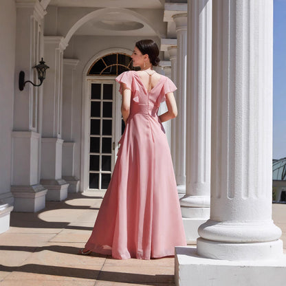 Flowy Maxi Dress with Ruffled V-Neck and Ruffled Short Sleeves