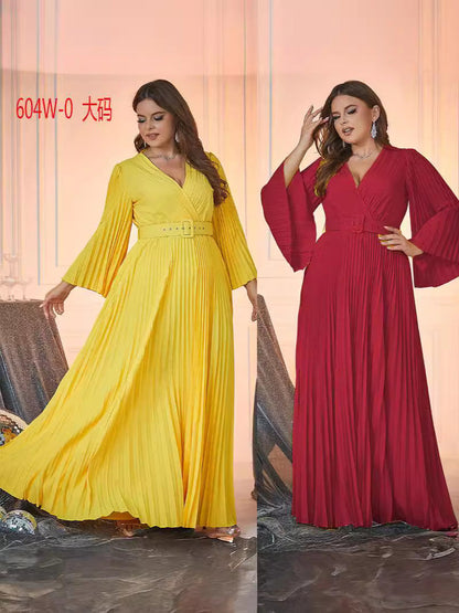 Pleated Maxi Dress with V-Neck and Flared Sleeves