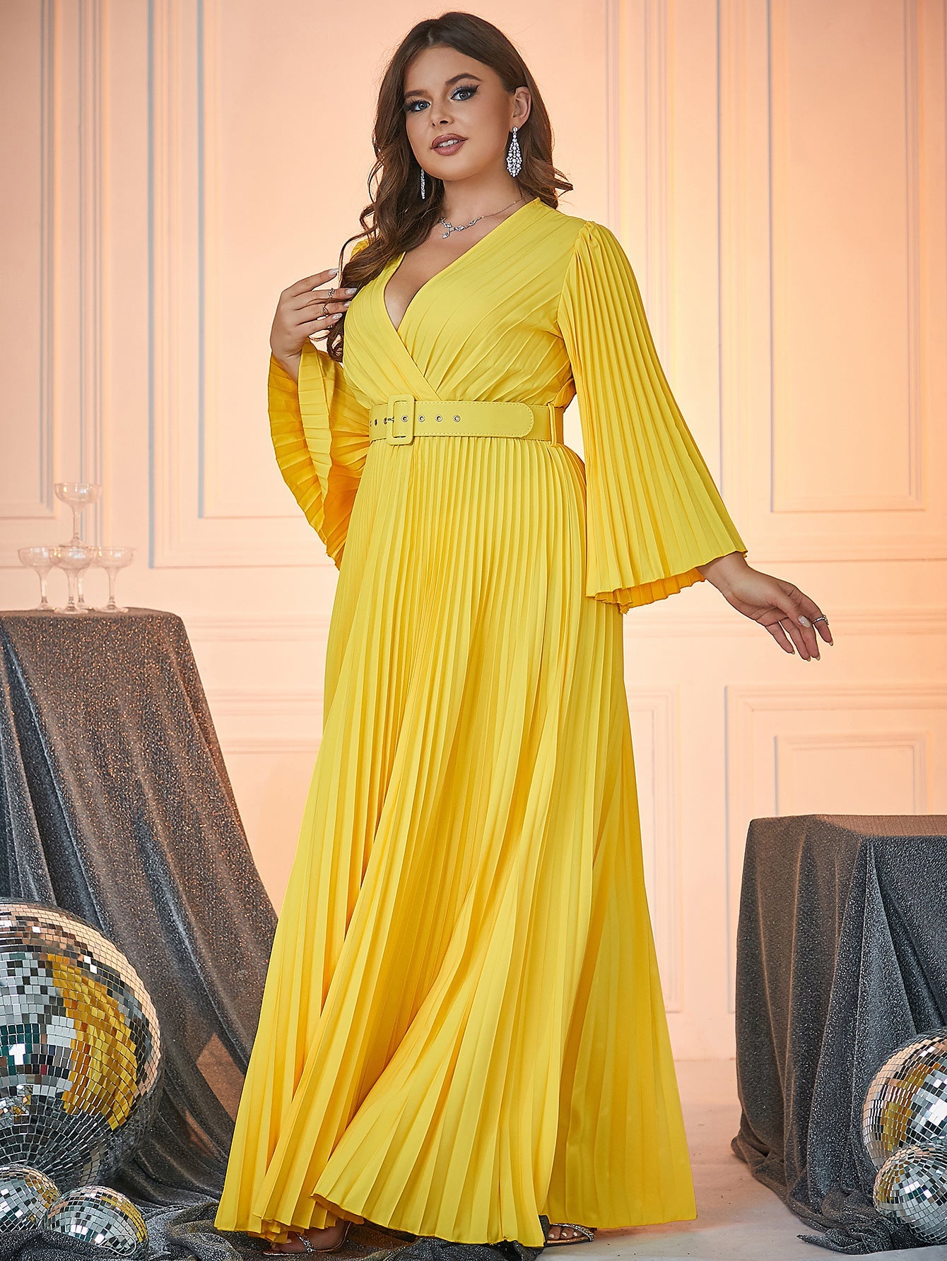 Pleated Maxi Dress with V-Neck and Flared Sleeves