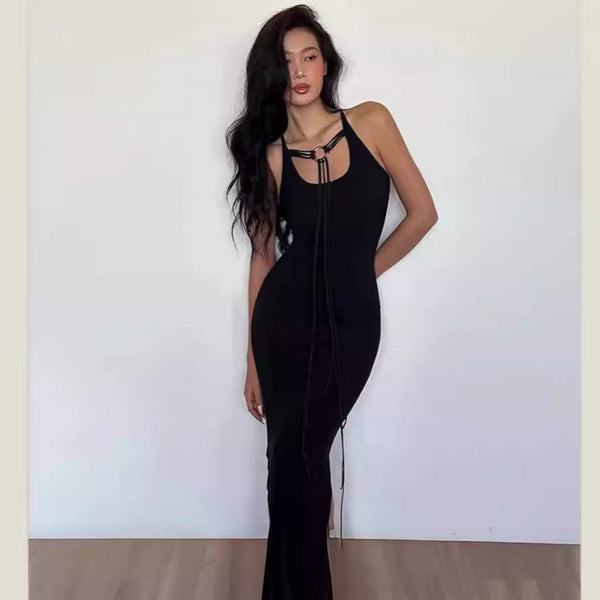 Bodycon Maxi Dress with Halter Ring and Tie Detail
