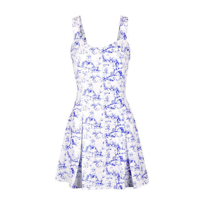 Toile Print A-Line Mini Dress with Sweetheart Neckline and Backless Detail