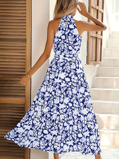 Floral Print Maxi Dress with Halter Neck and Tie-Waist