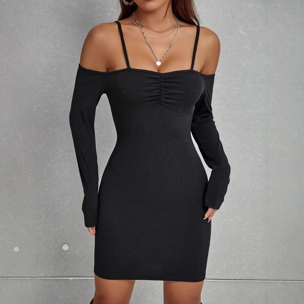 Bodycon Mini Dress with Off-Shoulder Long Sleeves and Ruched Bust