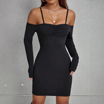 Bodycon Mini Dress with Off-Shoulder Long Sleeves and Ruched Bust