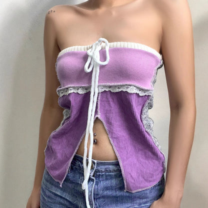 Ribbed Color-Block Tube Top with Front Tie and Split Hem