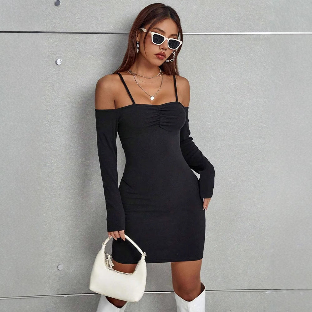Bodycon Mini Dress with Off-Shoulder Long Sleeves and Ruched Bust