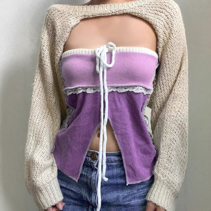 Ribbed Color-Block Tube Top with Front Tie and Split Hem