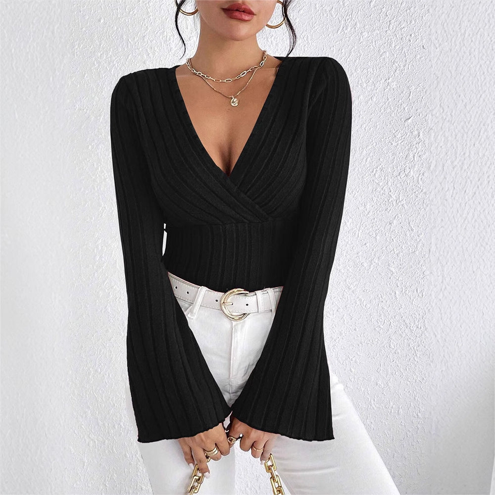 Ribbed Knit Top with Wrap V-Neck and Bell Sleeves