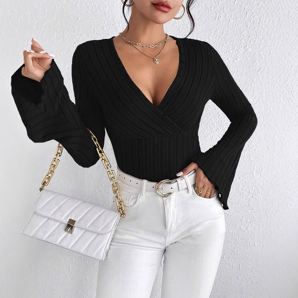 Ribbed Knit Top with Wrap V-Neck and Bell Sleeves