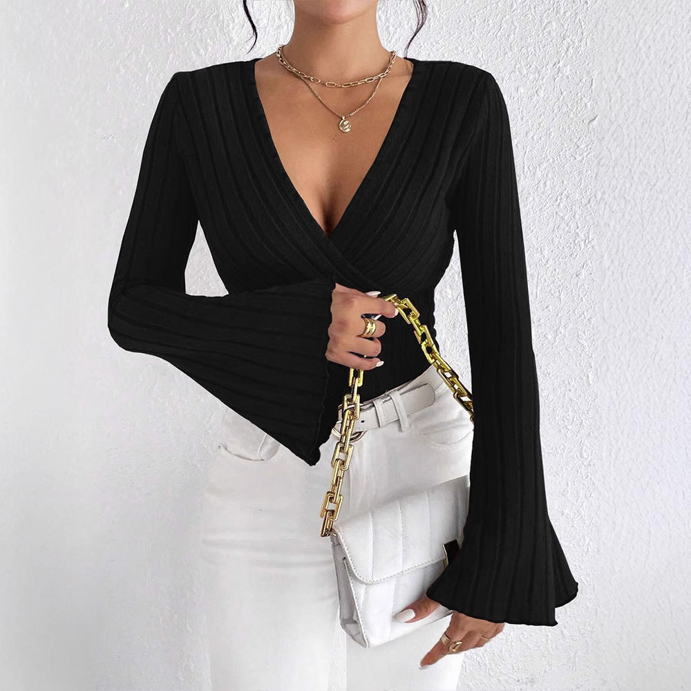 Ribbed Knit Top with Wrap V-Neck and Bell Sleeves