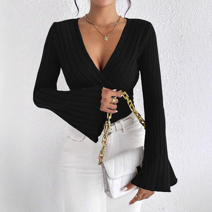 Ribbed Knit Top with Wrap V-Neck and Bell Sleeves