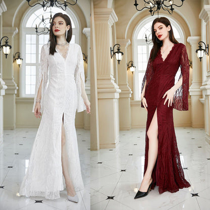 Lace Maxi Dress with Deep V-Neck and Bell Sleeves