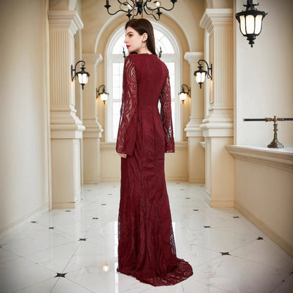 Lace Maxi Dress with Deep V-Neck and Bell Sleeves