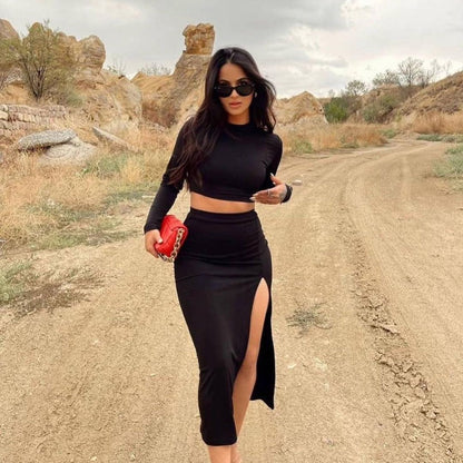 Solid Bodycon Two-Piece Set with Mock Neck Crop Top and High-Slit Skirt