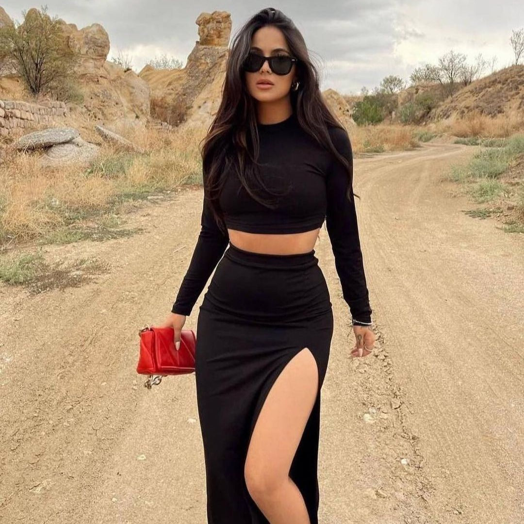 Solid Bodycon Two-Piece Set with Mock Neck Crop Top and High-Slit Skirt