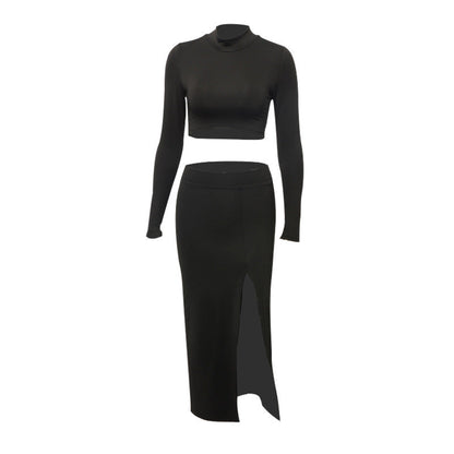 Solid Bodycon Two-Piece Set with Mock Neck Crop Top and High-Slit Skirt